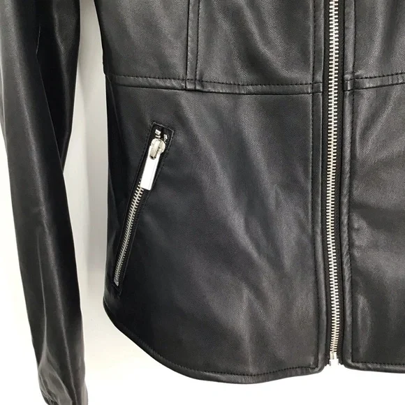 ZARA Faux Leather Moto Biker Collarless Jacket Edgy Career Black Size Small - Picture 8 of 10